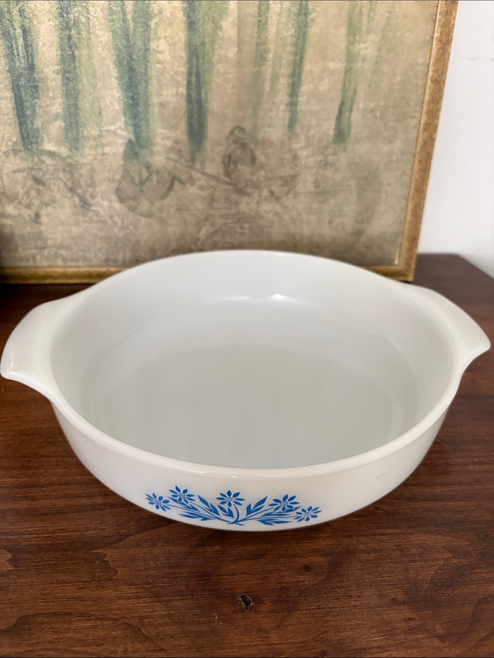 ANCHOR HOCKING FIRE-KING ‘Blue Cornflower’ Milk Glass 9” Round Dish Vintage